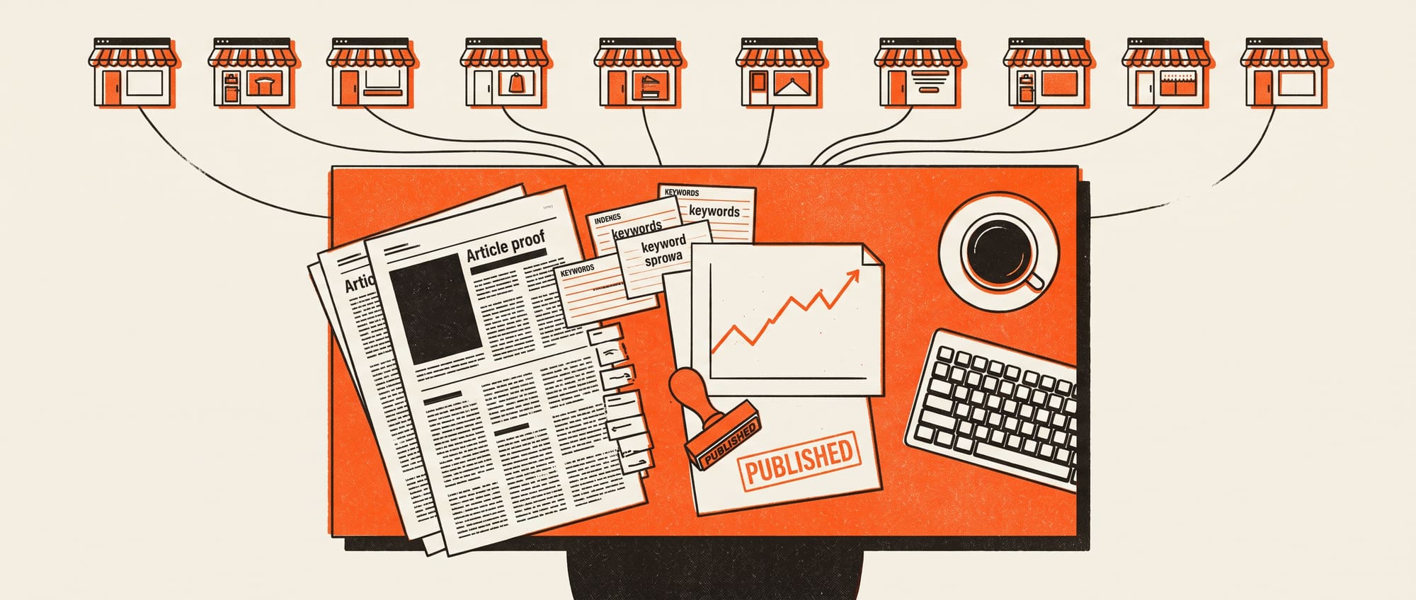 Illustration of the Ranghall desk: article proofs, keyword cards and a PUBLISHED stamp, wired to a row of websites